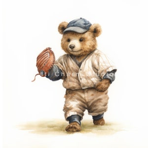 May include: A brown teddy bear wearing a baseball uniform and a blue cap, holding a brown leather baseball glove. The bear is standing on a light brown surface.
