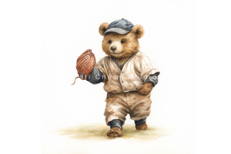 May include: A brown teddy bear wearing a baseball uniform and a blue cap, holding a brown leather baseball glove. The bear is standing on a light brown surface.