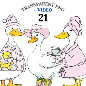 21 Silly Goose Clipart PNG, Coquette Goose in Pajamas & Spa Robes, Cute Cartoon Goose Bundle, Funny Nursery, Digital Download, Cute Goose
