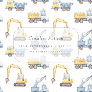 May include: Watercolor seamless pattern featuring construction vehicles, including dump trucks, excavators, and cranes, in shades of yellow, blue, and white. The text "Seamless Pattern" and other details are included.