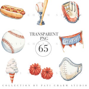 65 Baseball Clipart Bundle - Watercolor Baseball PNG, Sports Hot Dog Glove Bat Trophy, Ball Game Boy Room Art, Fast Download, Commercial Use