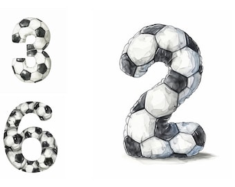 Football Number Clipart Bundle, Soccer Number, Instant Download, Digital Numbers, Nursery Baby Boy Clipart, Watercolor Football Clip Art Set
