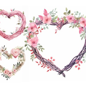 Paquete de imágenes prediseñadas de marco de corazón floral, 9 JPG de alta calidad, imágenes prediseñadas de flores de acuarela, uso comercial, descarga digital, imágenes prediseñadas de corazón lindo