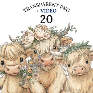 20 Highland Cow PNG Clipart Bundle, Floral Watercolor Farm Animal, Cute Cow Sublimation, Nursery Decor, Tumbler Wrap, Digital Download, Cows