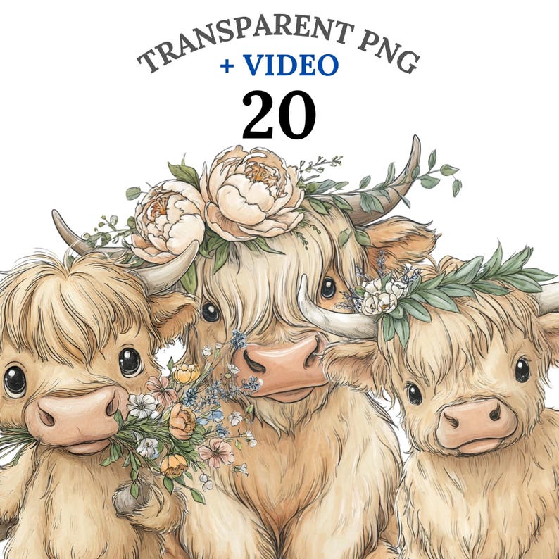 20 Highland Cow PNG Clipart Bundle, Floral Watercolor Farm Animal, Cute ...
