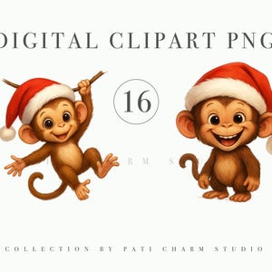 Bébé singe Noël Clipart PNG, animaux de la jungle Safari mignons dans des chapeaux de père Noël, singes aquarelles pour une décoration de vacances, cartes, art de la chambre d'enfant