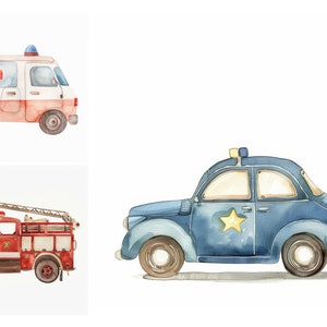 救急車の水彩画緊急車両クリップアート バンドル、高品質 JPG、救急救命士クリップアート、運転手クリップアート、保育車クリップアート、男の子の赤ちゃんアート