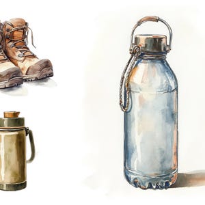 Wanderschuhe, Wasserflasche, Camping Thermoskanne, Kompass Karte, Reiserucksack, Lagerfeuer Glow, Klappstuhl, Abenteuer Ausrüstung, Trekking Essentials