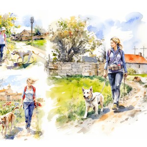Watercolor Girl with Dog Clipart Bundle, Watercolor Pet Clipart, Beautiful Girl Clipart, Woman Clipart, High Quality, Sublimation Design Art