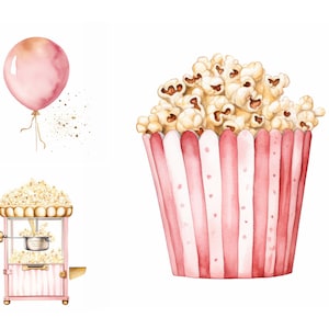 Puede incluir: Una máquina de palomitas de maíz rosa y blanca con ribetes dorados y un cubo de palomitas de maíz. También hay un globo rosa y un cubo de palomitas de maíz en el fondo.
