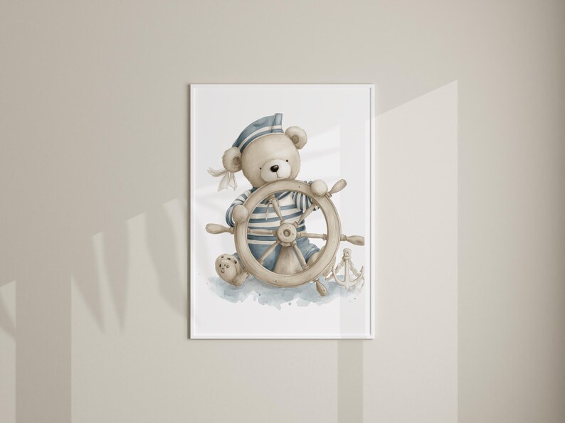 May include: Watercolor illustration of a teddy bear dressed as a sailor, holding a ship's wheel. The bear wears a blue and white striped shirt and hat. A small teddy bear and anchor are also depicted.