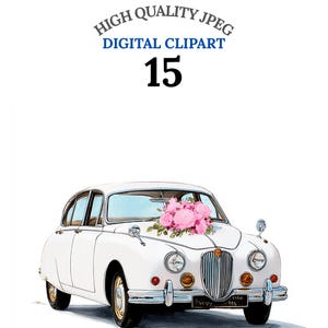 May include: A white vintage car with a bouquet of pink flowers on the hood. The car has gold accents and chrome bumpers. The image includes the text "HIGH QUALITY JPEG DIGITAL CLIPART 15".
