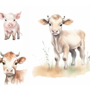Kinderzimmer Bauernhof Tiere Clipart Bundle, Bauernhof Kuh Clipart, süßes Schwein Clipart, Kinderzimmer Wandkunst, hochwertige JPGs, Aquarell Baby Tier Clipart
