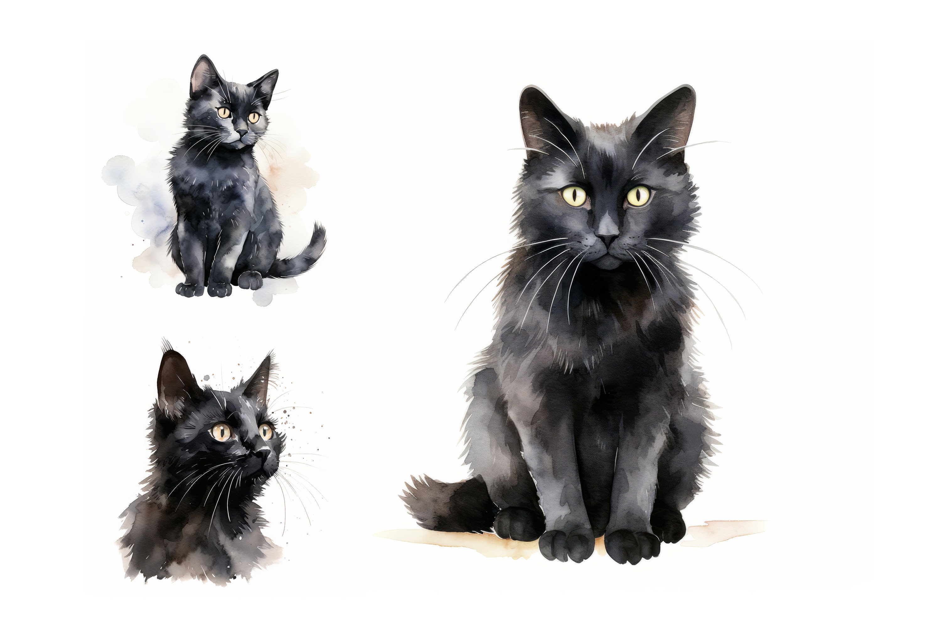 Watercolor Black Cat Clipart Bundle, JPG, Cute Cat Clipart, Black ...