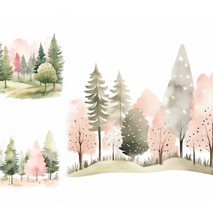 Watercolor Forest Clipart Bundle JPGs, Nursery Tree Clipart, Landscape Clipart, Baby Shower Woodland, Greenery Clipart, Wedding Clipart Set