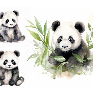 Paquete de imágenes prediseñadas de panda de acuarela, imágenes prediseñadas de animales bebés, decoración de baby shower, arte de pared de guardería, uso comercial, arte imprimible, arte de impresiones digitales