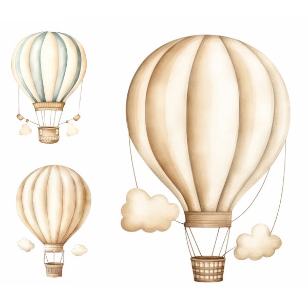 Aquarelle montgolfières Clipart, décoration murale pour chambre d'enfant, clipart bébé garçon, fichiers JPG de haute qualité, téléchargement numérique, art pour enfants, clipart ballon