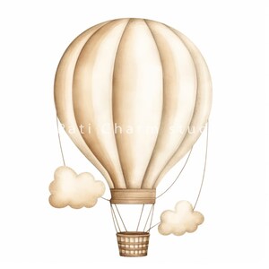 May include: A watercolor illustration of a beige hot air balloon with a brown basket, floating in the sky with two small beige clouds.