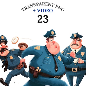 23 Policeman Clipart + Video, Funny Police Officer Illustrations, Policeman With Donut Coffee Running Poses, Fast Download, Commercial Use