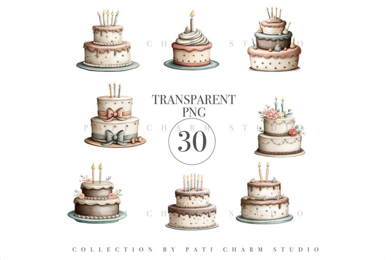 30 Birthday Cake Clipart Set, Watercolor PNG Cakes With Candles ...