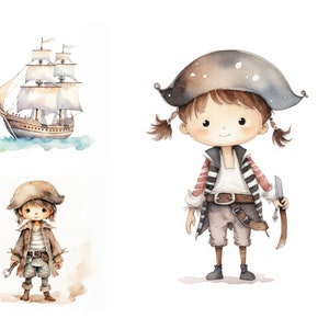 Paquete de imágenes prediseñadas de piratas de acuarela, Imágenes prediseñadas de barco pirata, Descarga instantánea, Imágenes prediseñadas de guardería, Libro de recuerdos, Imágenes prediseñadas para niños, Imágenes prediseñadas de bebé