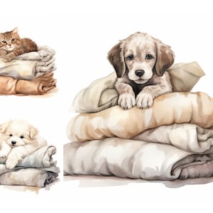 Sleeping Baby Pets Clipart, JPGs High Quality, Watercolor Nursery Clip Art, Dog and Cats Clipart, Watercolor Pets, Pillow Clipart, Nursery