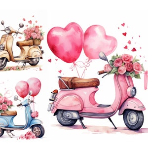 Watercolor Vespa Clipart Bundle, Romantic Clipart, Watercolor Heart Balloon Clipart, Watercolor Scooters Clipart JPGs, Valentine Day Clipart