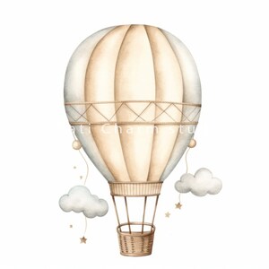 May include: A watercolor illustration of a beige and blue hot air balloon with a wicker basket. The balloon is surrounded by small white clouds and gold stars.