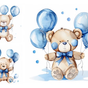 Nursery Bear with Blue Balloon Clipart Bundle, Baby Shower Decor, Its a Boy Clipart, High Quality JPGs, Digital Clipart for Baby Boy, Cute
