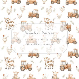 Patrón sin costuras de animales de granja - Papel digital de tractor - Clipart de vaca, cerdo y pollo - Uso comercial PNG