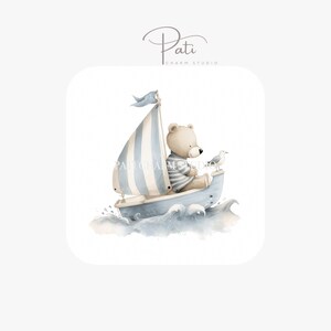 May include: Watercolor illustration of a teddy bear sailing in a blue sailboat with a striped sail. A seagull sits on the boat's edge. The image has a nautical theme and includes the text "THANK YOU SO MUCH FOR YOUR PURCHASE".