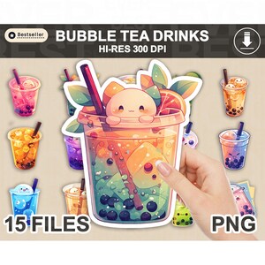 May include: A set of 15 digital clipart images of bubble tea drinks. The images are in PNG format and are high resolution, 300 DPI. The bubble tea drinks are illustrated in a cute cartoon style with various toppings and flavors.