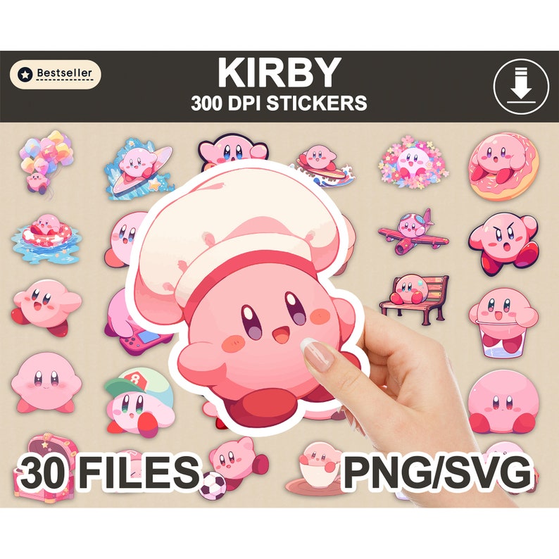Kirby PNG SVG Bundle, Kirby PNG, Printable Sticker, Sticker Design