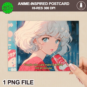 Anime Mädchen Postkarte ~ Anime Clipart, digitaler Download, DIY Scrapbooking, Ghibli inspiriert, digitale Postkarte, Retro Anime Zitat