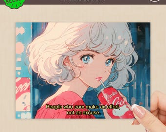Anime Girl Postcard, Retro Illustration (Digital Download)