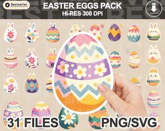 Easter Eggs Bunny Stickers, Kawaii PNG SVG Bundle (Digital Download)