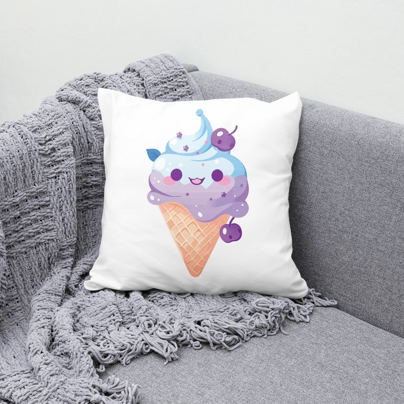 May include: A white pillow with a cute cartoon ice cream cone with blue and purple ice cream, a green leaf, and two purple cherries. The ice cream cone has a happy face and is smiling.