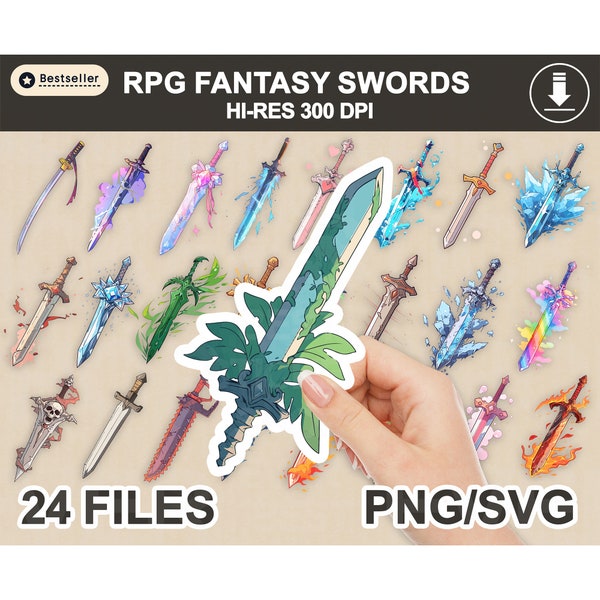Fantasy Swords PNG SVG stickers, sticker PNG bundle, printable stickers, swords stickers, sticker downloads, video game sticker, rpg sticker