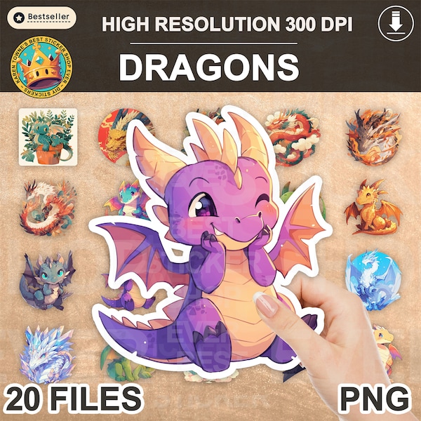 Dragon stickers, sticker PNG bundle, printable stickers, dragons, cute, fantasy stickers, dnd, sticker downloads, print and cut, digital