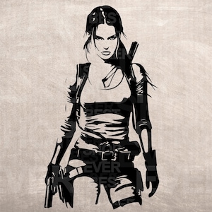 Plantilla de mujer fuerte Lara Croft, diseño impreso, descarga digital, gráfico de clip art para manualidades de bricolaje, decoración de pared, vector, SVG PNG, tatuaje