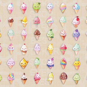 May include: A collection of 48 colorful cartoon ice cream cones with various toppings and faces. The ice cream cones are arranged in a grid pattern on a light brown background.