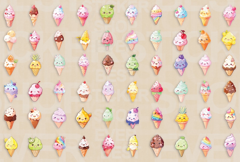 May include: A collection of 48 colorful cartoon ice cream cones with various toppings and faces. The ice cream cones are arranged in a grid pattern on a light brown background.