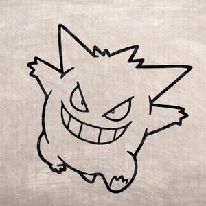 Peut inclure: Un dessin au trait noir et blanc d'un fantôme de dessin animé avec un sourire malicieux et de grands yeux. Le fantôme a un contour piquant et irrégulier.