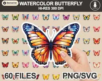 Imágenes prediseñadas de mariposas en acuarela, paquete de pegatinas PNG (descarga digital)
