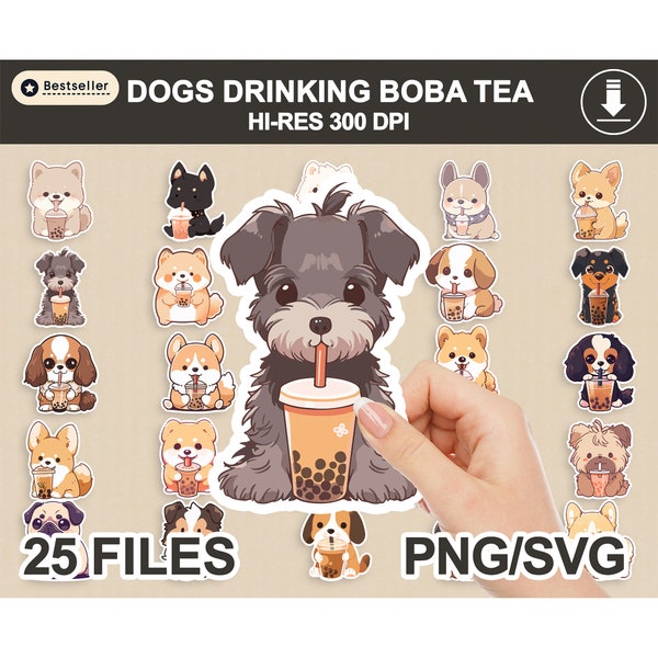 Dog Drinking Boba Tea Stickers, Dogs sticker PNG, big size png, printable stickers, stickers PNG, sticker downloads, PNG clipart, cute dogs