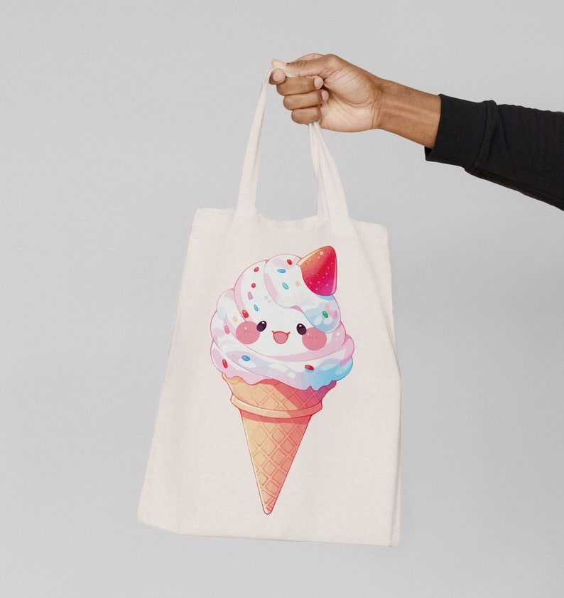 May include: A white tote bag with a cartoon ice cream cone with a strawberry on top. The ice cream cone has a smiling face and is decorated with sprinkles.