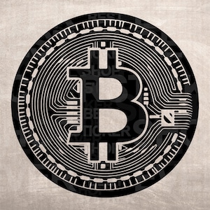 May include: Black and white illustration of a Bitcoin cryptocurrency coin. The coin features a stylized letter "B" in the center, surrounded by concentric circles and a circuit board design.