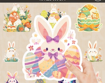 Cute Easter Bunny & Eggs Stickers, Kawaii Clipart PNG SVG Bundle