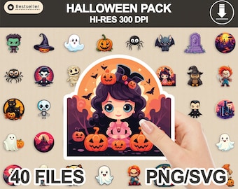Cute Halloween Clipart, PNG SVG Sticker Set (Digital Download)