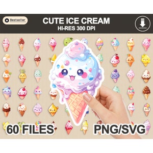May include: 60 colorful cartoon ice cream cone illustrations in PNG and SVG format. The ice cream cones have different flavors, toppings, and faces. The text "CUTE ICE CREAM HI-RES 300 DPI" and "60 FILES PNG/SVG" are also included in the image.